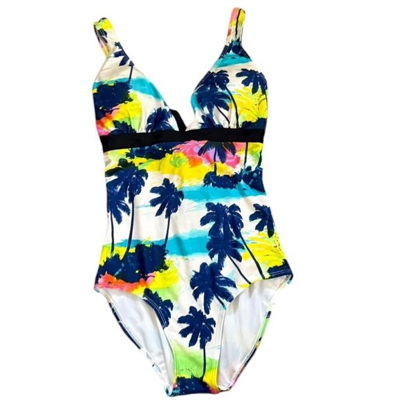 Blue and Yellow One Piece Swimwear with Tropical Print - Picture 1 of 4